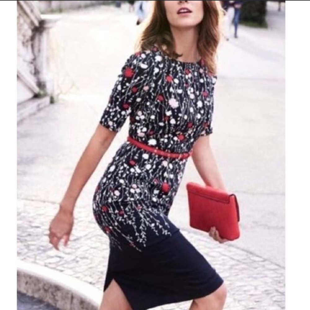 Boden Floral Print Navy Sheath Dress with Red Accents